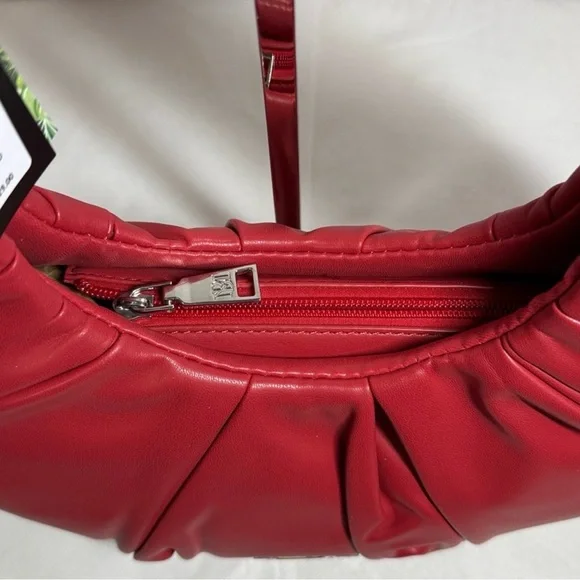Badgley Mischka Red Vegan Leather Crescent Pleats Shoulder Bag - Picture 5 of 8